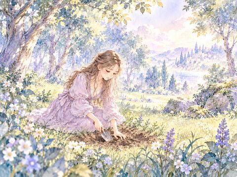 静かな草地で一人黙々と穴を掘る女性