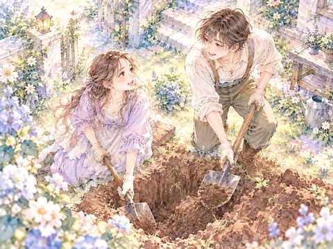 二人で協力しながら地面に穴を掘る男女
