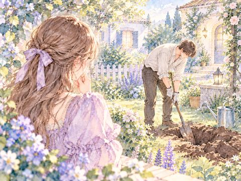 庭で穴を掘る恋人を心配そうに見守る女性
