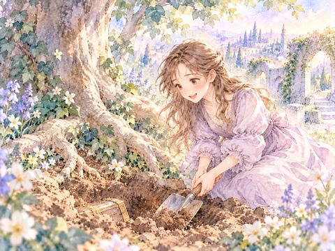 宝箱を探して古い木の根元を掘る女性