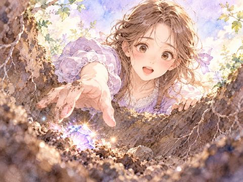 掘った土の中から輝く宝石を見つけて喜ぶ女性