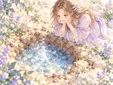 土の穴から澄んだ水が湧き出して驚く女性