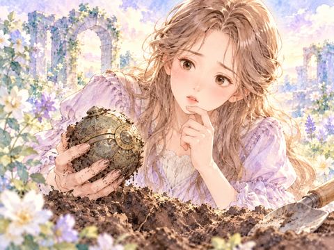 掘った穴から出てきた不思議な物体を見つめる女性