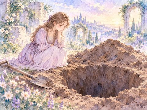 何もない穴の底を見つめてがっかりする女性