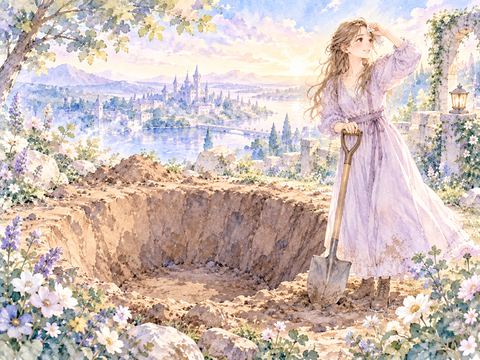 掘り終えた大きな穴を眺めて満足そうに笑う女性