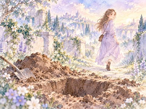 掘りかけの穴を残して振り返りながら歩く女性