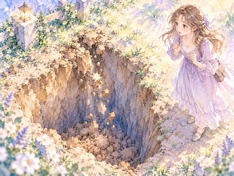 掘った穴の側面が崩れて驚く女性