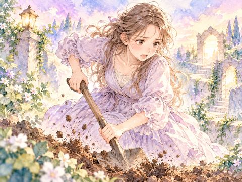 焦った表情でスコップを使い急いで穴を掘る女性