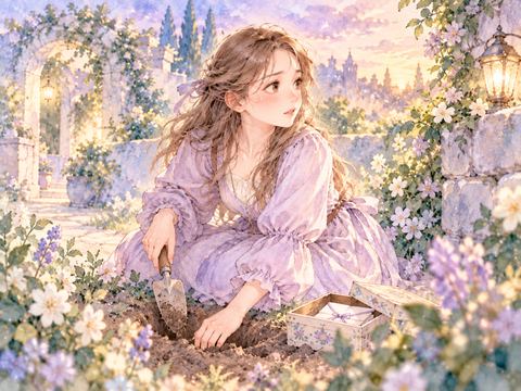 手紙の入った小箱を埋めようと穴を掘る女性