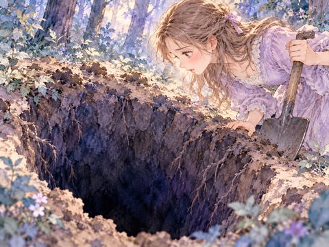 暗い穴の底を怖がりながら掘る女性