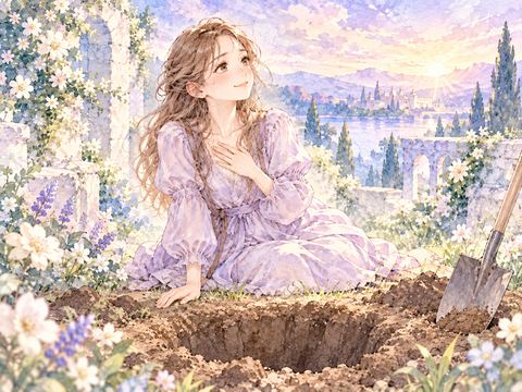 穴を掘り終えてほっとした表情を浮かべる女性