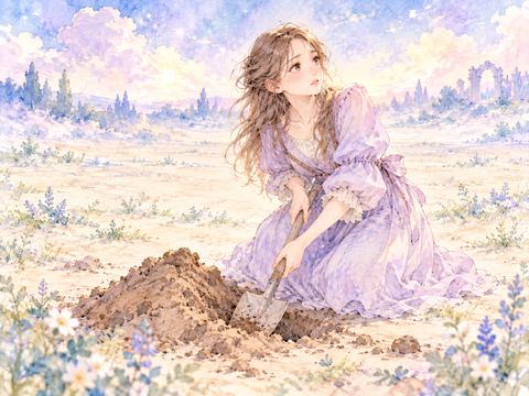 広い空き地で理由も分からず土を掘り続ける女性