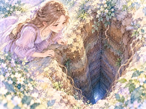 深く掘った穴の底を慎重にのぞく女性