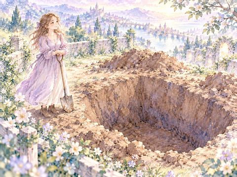 広く掘り上げた大きな穴を眺める女性