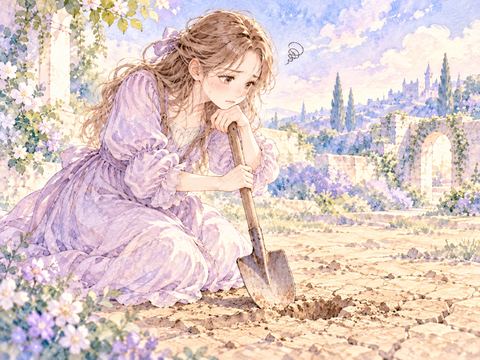 硬い地面にスコップが刺さらず困っている女性