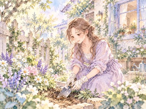 花壇のある自宅の庭で土を掘る女性