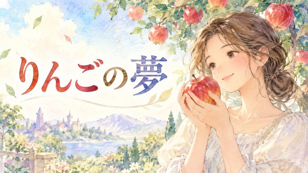 赤いりんごを見つめる大人の女性と夢のりんごの木