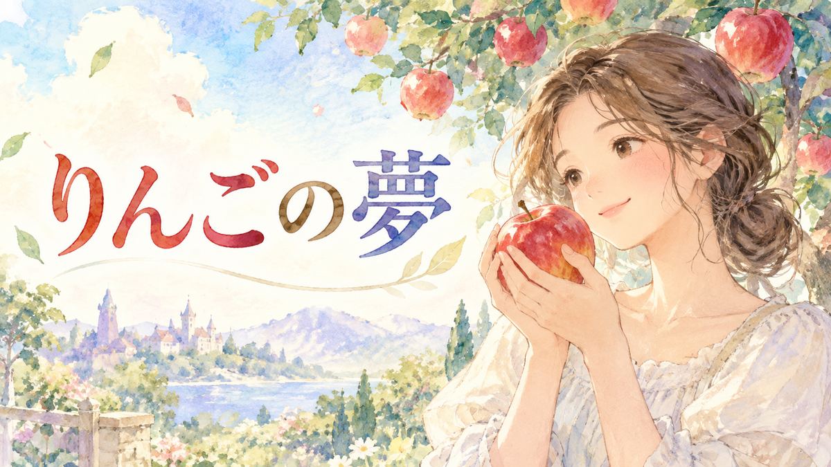 赤いりんごを見つめる大人の女性と夢のりんごの木