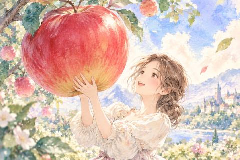 大きな赤いりんごを見上げる女性