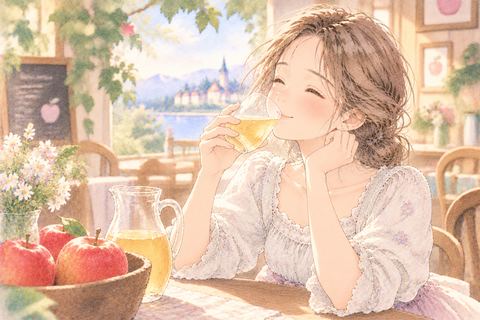 りんごジュースを穏やかに飲む女性