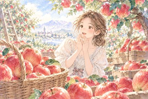 たくさんの赤いりんごに囲まれる女性