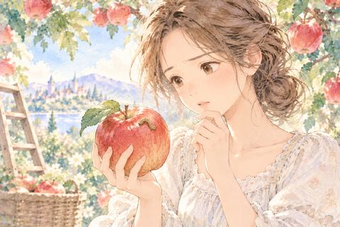 小さな虫がついたりんごを見る女性