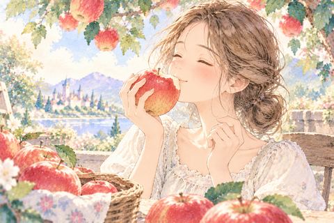 赤いりんごをおいしそうに食べる女性