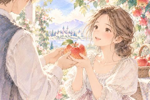 相手から赤いりんごを受け取る女性