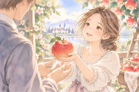相手へ赤いりんごを差し出す女性