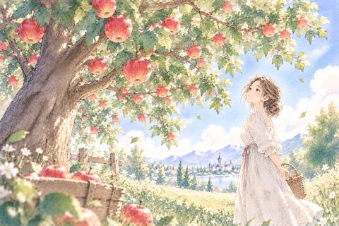 青々としたりんごの木を見上げる女性