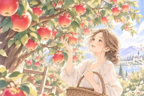 赤い実がなるりんごの木を見る女性