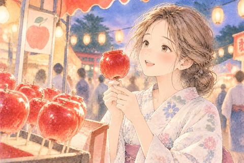 祭りで赤いりんご飴を見つめる女性