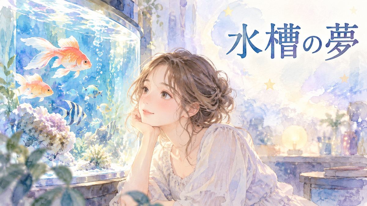 幻想的な水槽を見つめる大人の女性と泳ぐ魚