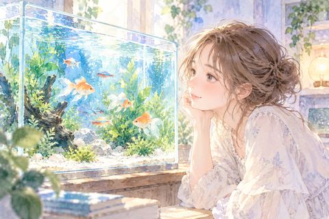 澄んだ水槽を穏やかに眺める大人の女性