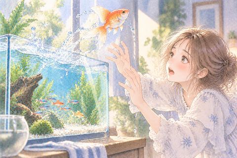 水槽から飛び出す魚に驚く大人の女性