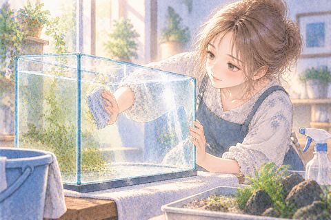 空にした水槽の汚れを丁寧に洗う大人の女性