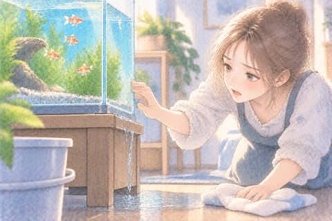 水が漏れる水槽を見て対応しようとする大人の女性