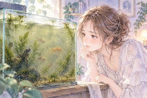 濁った水と苔のある水槽を見る大人の女性