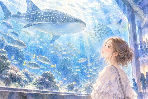 巨大な水槽を見上げる大人の女性