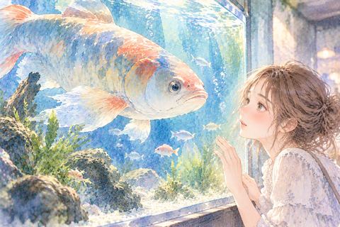 水槽の大きな魚を見つめる大人の女性