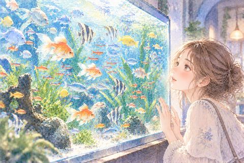 たくさんの魚が泳ぐ水槽を眺める大人の女性