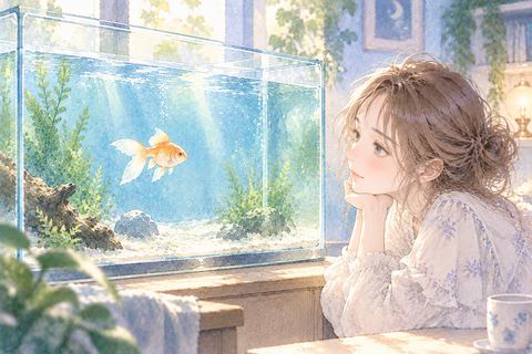 一匹の魚が泳ぐ水槽を静かに見つめる大人の女性