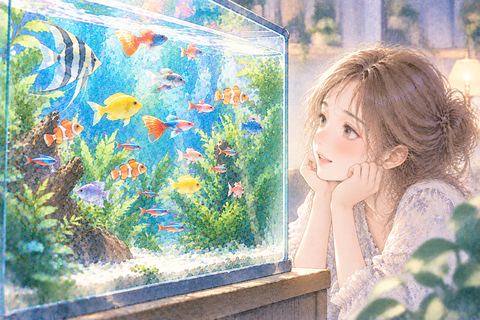 色鮮やかな熱帯魚に見とれる大人の女性