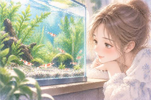 水槽の底を動く小さな海老を見つめる大人の女性