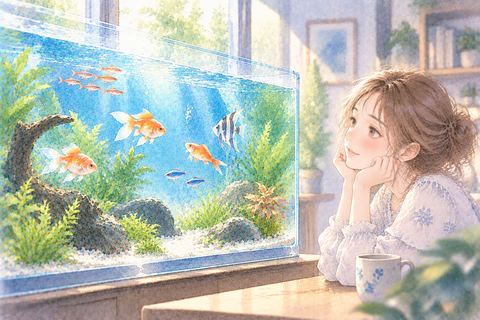 水槽を元気に泳ぐ魚を穏やかに眺める大人の女性