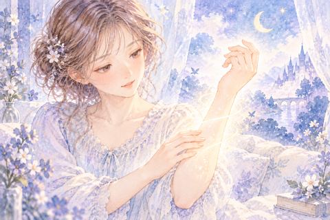 左腕をそっと見つめる女性