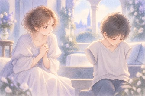 腕のない人物を心配そうに見る女性
