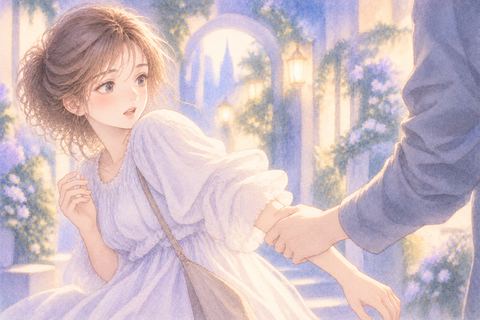 腕を掴まれて振り返る女性