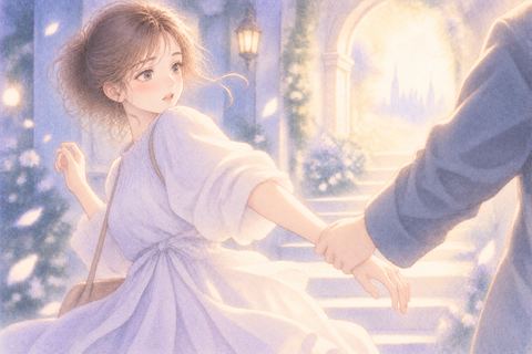 腕を引かれて前へ進む女性