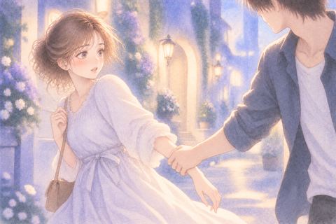 男性に腕を引かれ戸惑う女性